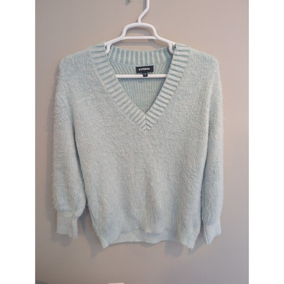 Express Sweaters - Express Oversized Women's Cozy Brush Furry Tunic V Neck Sweater Mint Green Sz S